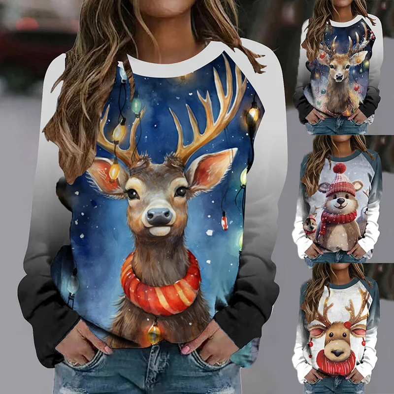 

Funny Cute Elk Hoodies Reindeer Long Sleeve Printed Sweatshirts Crew Neck Snowman Pullover Autumn Loose Tees for Women Ladies