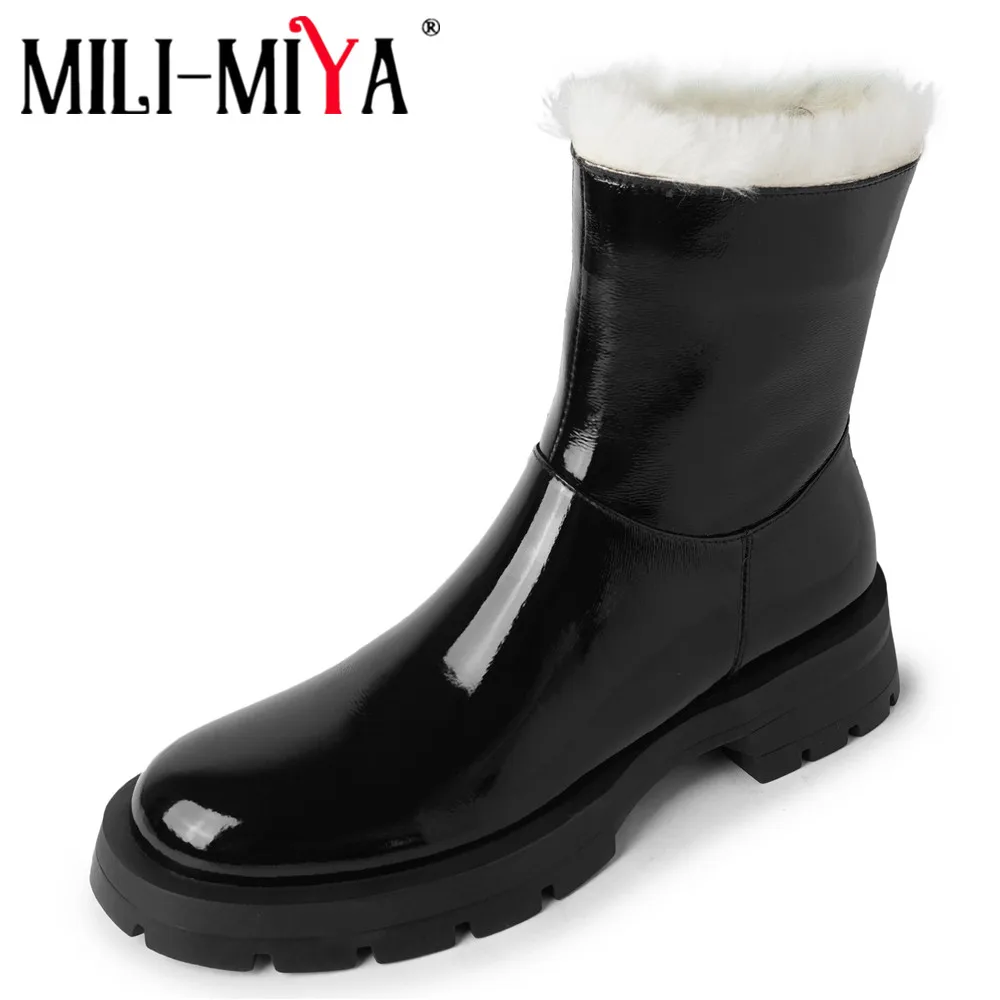 

MILI-MIYA New Arrival Women Cow Leather Ankle Snow Boots Round Toe Thick Heels Zippers Warm Wool Solid Color Winter Shoes