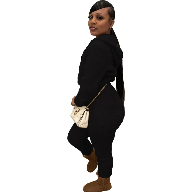 Casual Fleece Two Piece Set Women Tracksuit Oversized Long Sleeve Hoodie Winter Solid Sport Pants Plus Size Knitted Suit Outfits