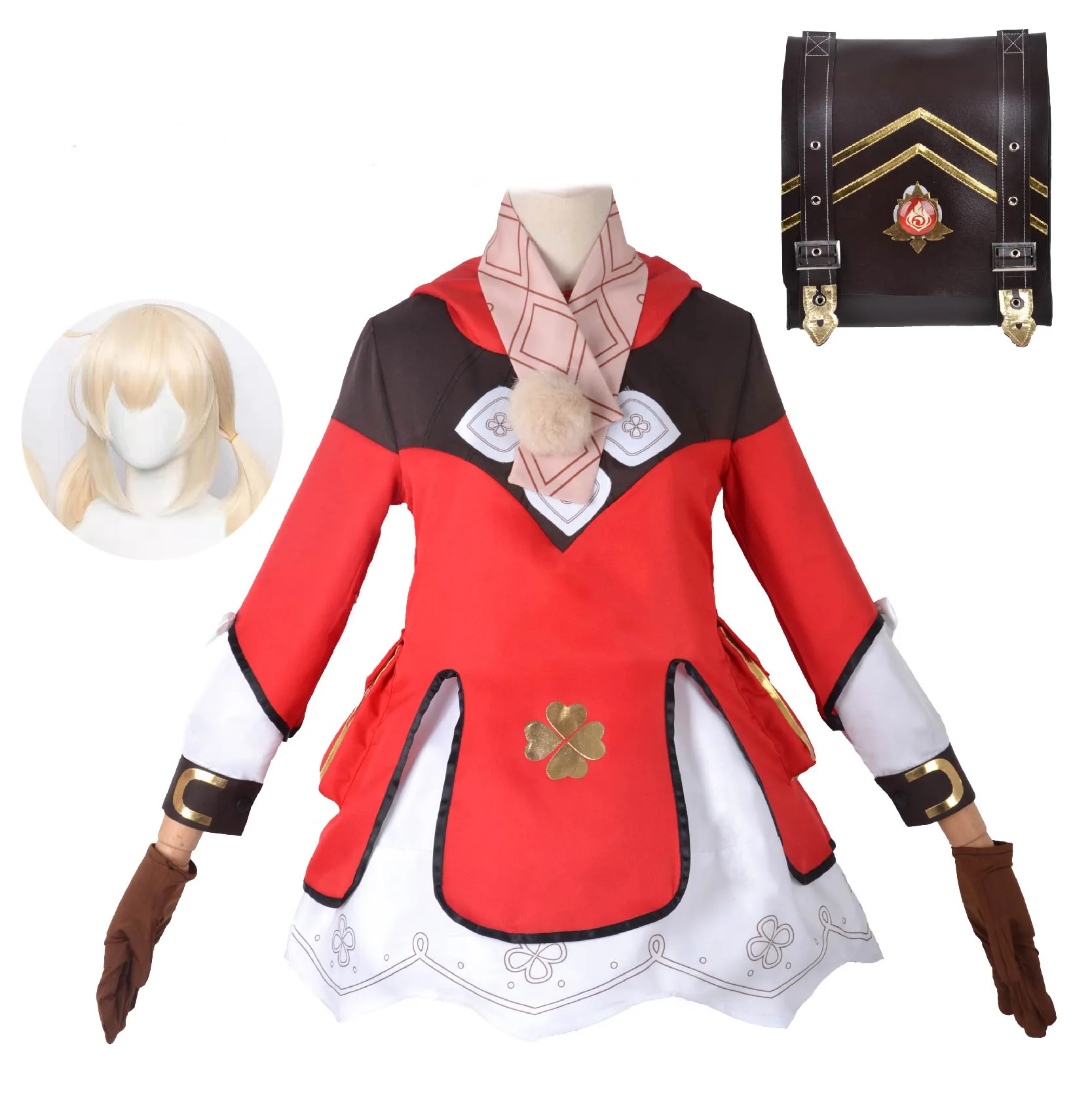 

Anime Game Genshin Impact Klee Cosplay Costume Woman Halloween Carnival Red Dress Loli Hat Ears Wig Full Set Props