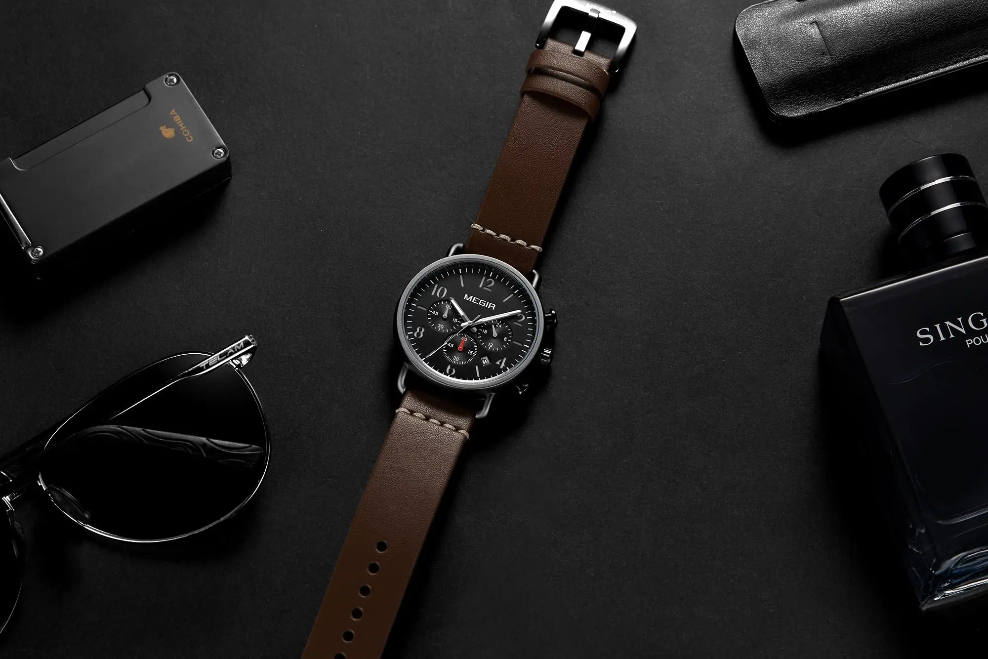 Herrenuhr, Luxus-Sport-Quarz-Armband, Stahlgeflecht, Business-Casual-Uhr mit Kalender, Lederband, Mann_voghion.com