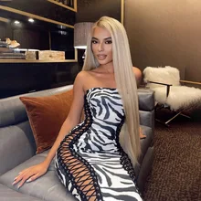 Elegant Strapless Bandage Dress Bodycon Vestido Midi Zebra Striped Print Drawstring Sheath Evening Night Dress Women Club Outfit
