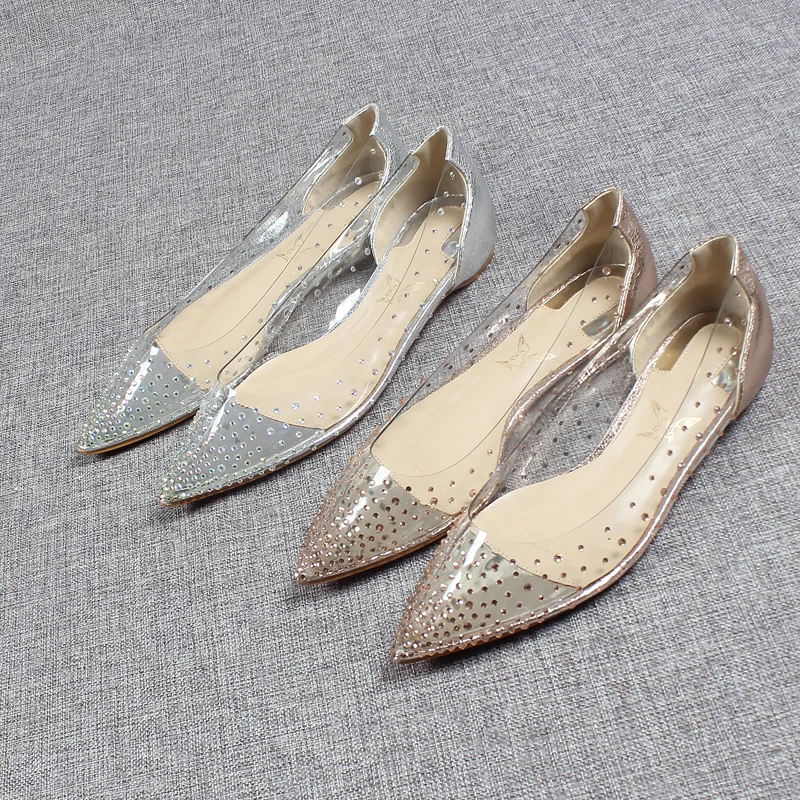 Transparent Low Heels Pointed Toe Shallow Mouth Shoes Woman Flats Elegant Crystal Dress Wedding Rhinestone Rubber PVC PU Basic W |