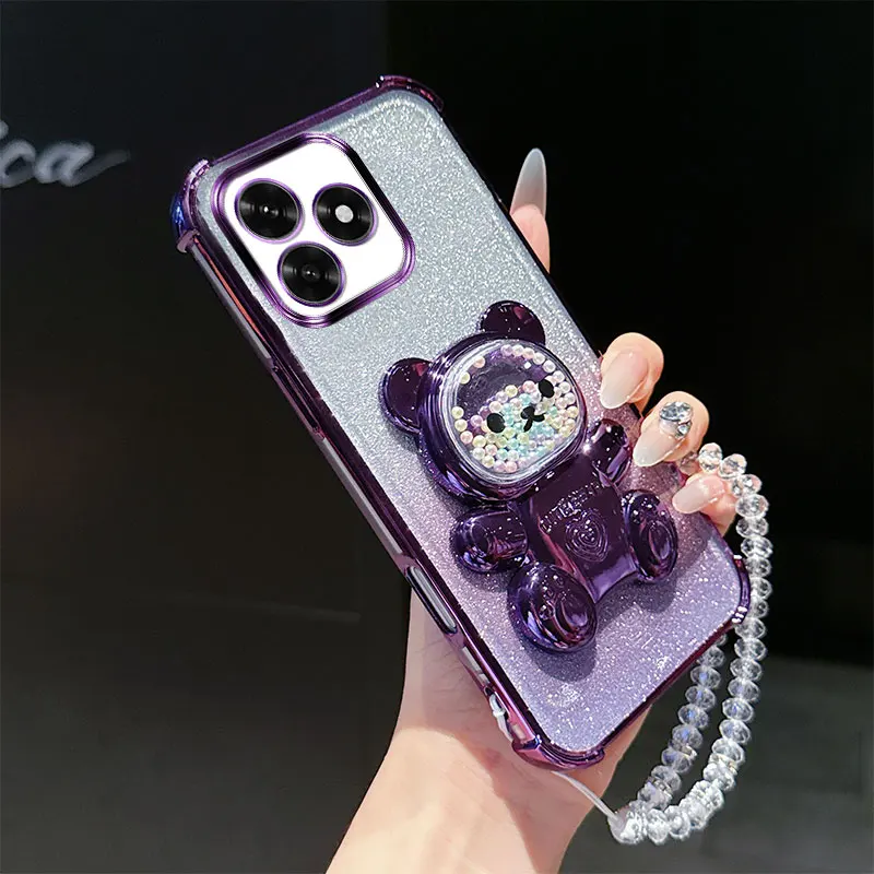Stoßfeste Handyhülle mit 4 Ecken und niedlichem 3D-Bärenständer, Kristallketten-Lanyard für Honor X5c Plus X5b Plus X6c X6a X6b Rückseite – Detail 9