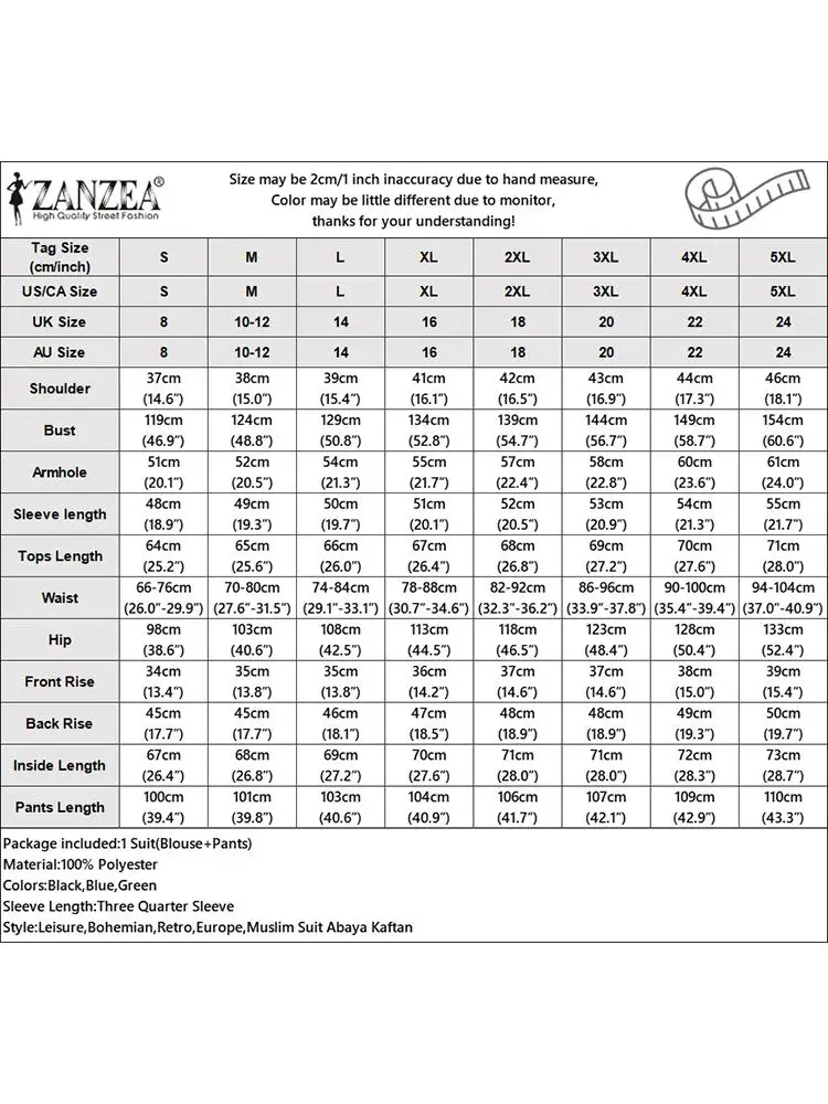 ZANZEA Women Bohemian 3/4 Sleeve Blouse Pants Sets Casual Islamic Clothing Abaya Tracksuit Vintage Floral Printed Muslim Sets