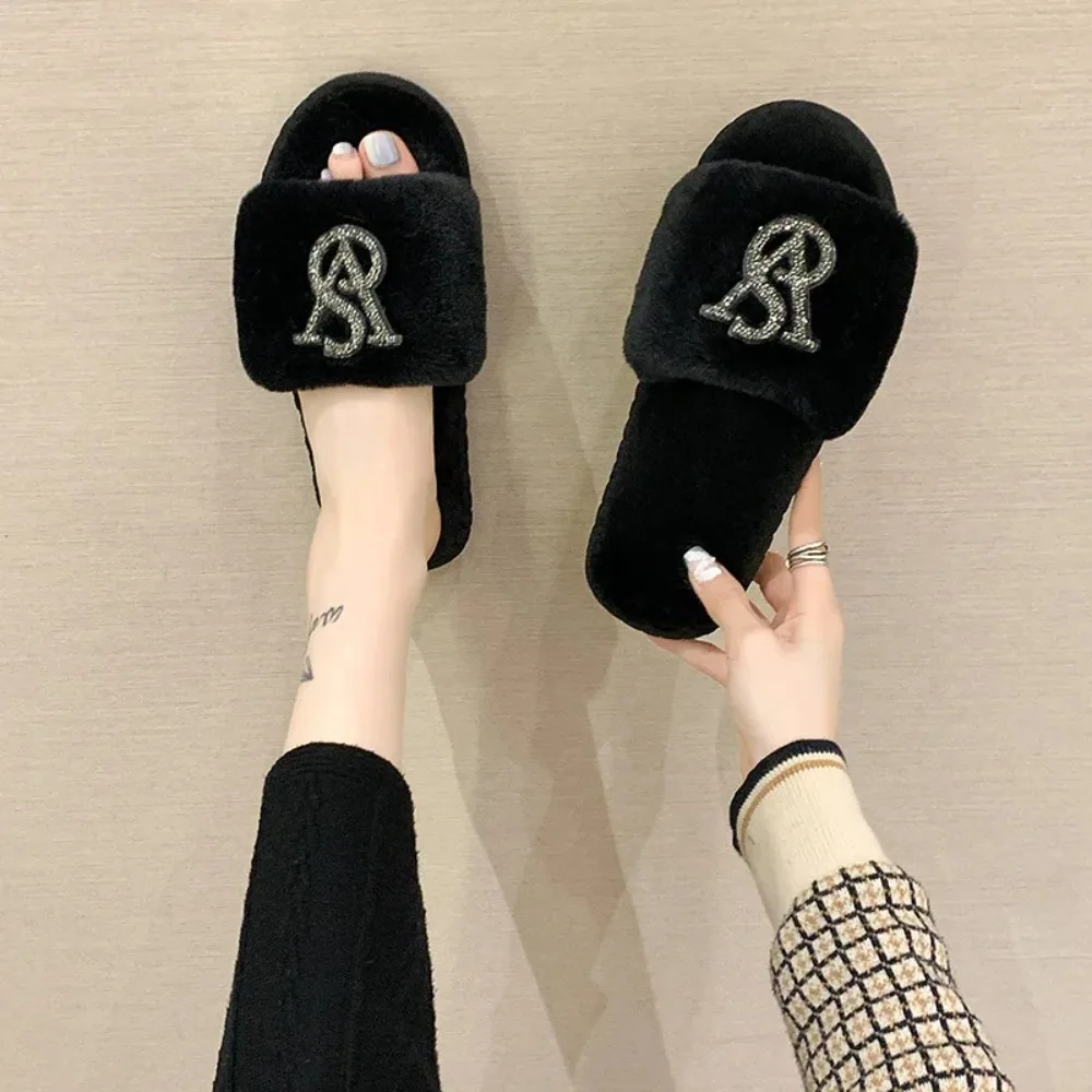 Female Home Cotton Slippers Women Autumn Winter Hairy Warm Footwear Fashion Letter Rhinestones Sandals Woman Casual Flat Shoes 2