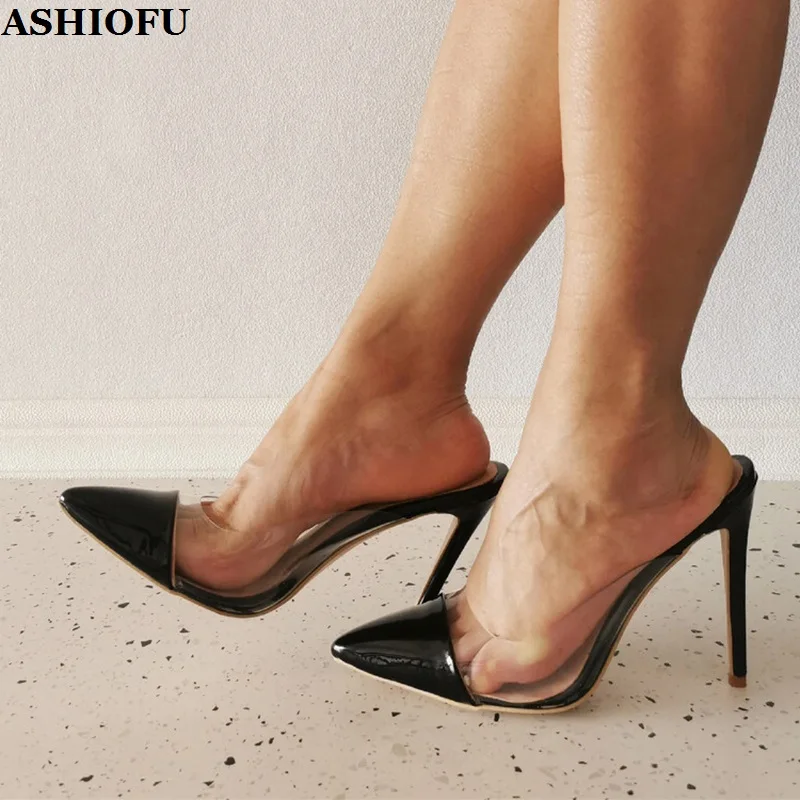 Kolnoo New Hot Real Pictures Ladies Stiletto Heels Slippers PVC Patchwork Leather Pointed-toe Sandals Evening Club Fashion Shoes