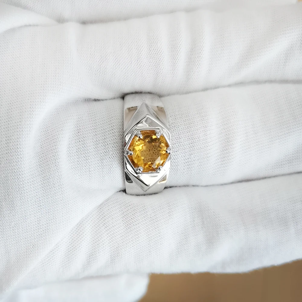 Natural Yellow Citrine Men Ring 925 Silver 7.5mm Lucky Gemstone 6-prong November Birthstone Birthday Gift R515GCN 6