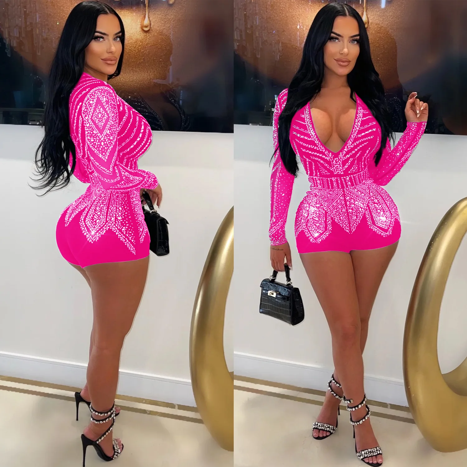 Luxury Deep V-neck Mesh Long Sleeve Night Club Party Romper Birthday Outfits Women Sparkly Diamonds Rhinestone Jumpsuit