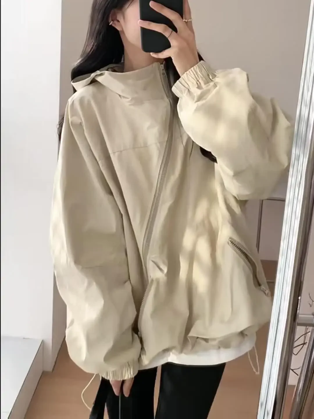 

Jackets Women Solid Loose Hooded Simple Zippers Spring Leisure Pockets Japanese Style Attractive Creativity Fashion All-match