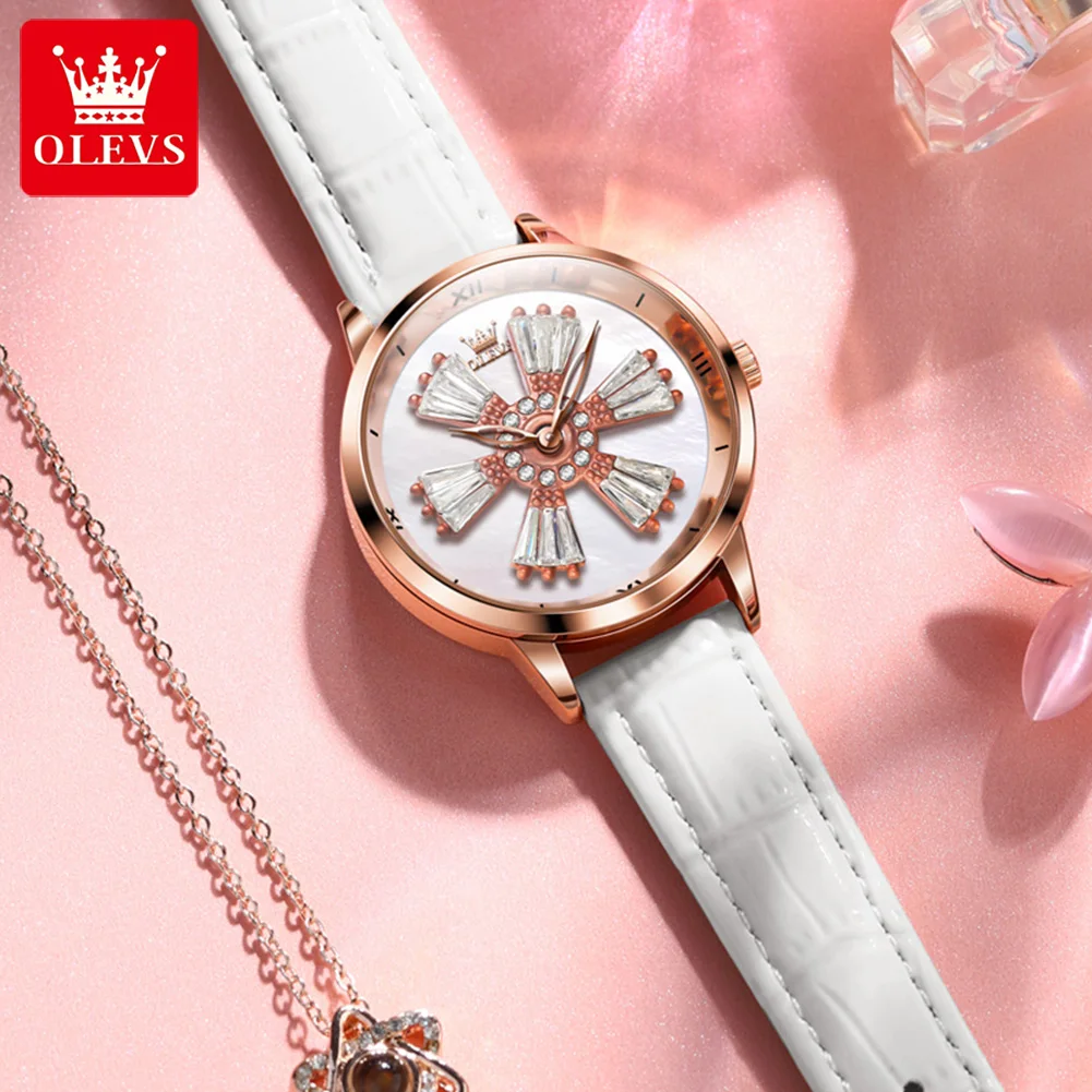 OLEVS Brand New Fashion Leather Quartz Watches for Women Luxury Crystal Dial Can Be Rotated Ladies Watches Relogio Feminino