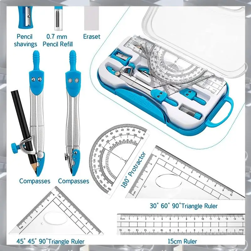 L98A-Geometry Set 10 Pcs Math Supplies Kit,Including Compass,Protractor,Ruler,Eraser,Pencil Ect,For Drawing And Measurement