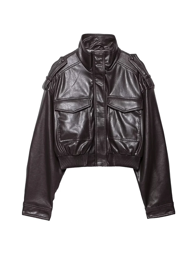 2025 Women's Faux Leather Effect Short Jacket Vintage Stand Collar Long Sleeve With Shoulder Straps Pockets Casual Streetwear