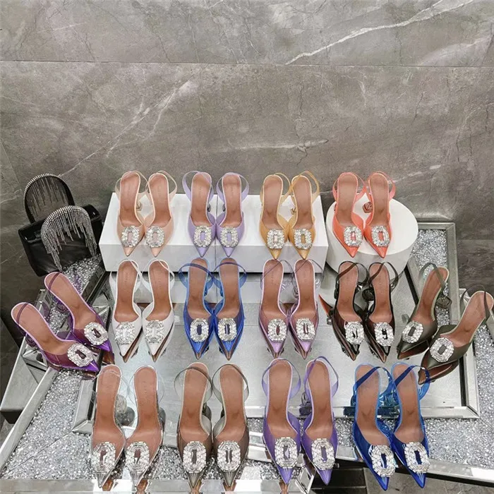 

Women PVC Amina Muaddi Camelia Satin Sling Ombre Halter Pumps Silk Slingback Crystal Ornament Pointed Toe Denim Diamond Shoes