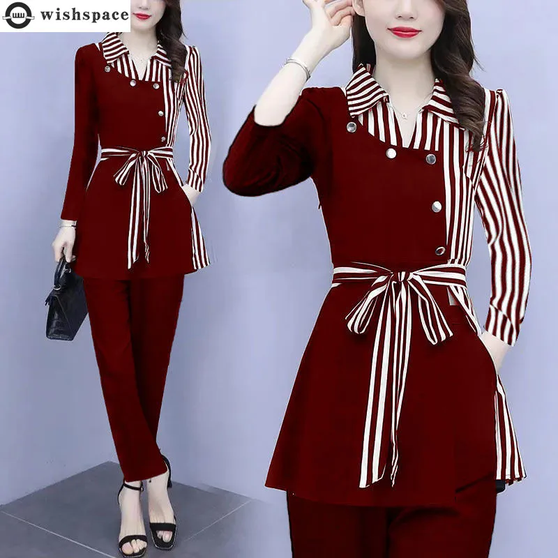 Korean Fashion Stripe Elegant Women's Pants Set Bow Chiffon Shirt Top Casual Pants Two-piece Set Temperament Tracksuit Blazer