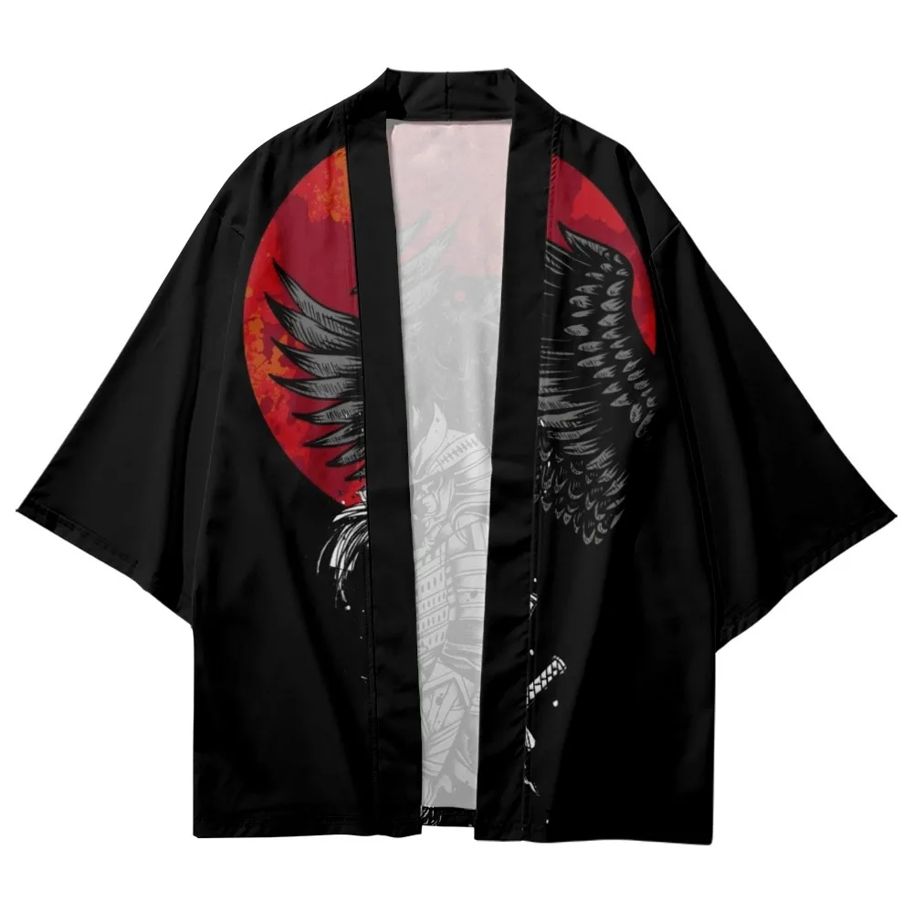 Traditional Kimono Men Streetwear Samurai Asian Clothing Japanese Wing Print Yukata Cardigan Oversized Black Cosplay Haori
