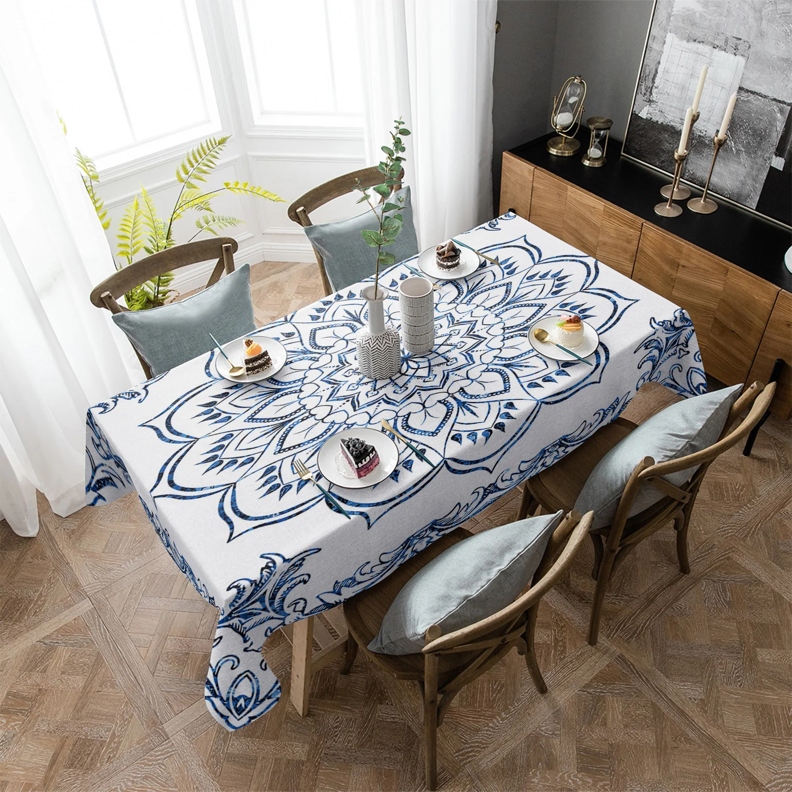 

Синяя Водонепроницаемая скатерть Мандала в стиле ретро в богемном стиле, декоративные принадлежности, прямоугольная скатерть для кухонного стола, декор для стола