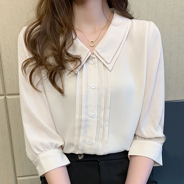 Fashion Summer Korean Fashion Womens Tops And Blouses Chiffon Women Blouses  Short Sleeve White Shirts Ladies Tops Blusas De Mujer(#APRICOT) @ Best  Price Online