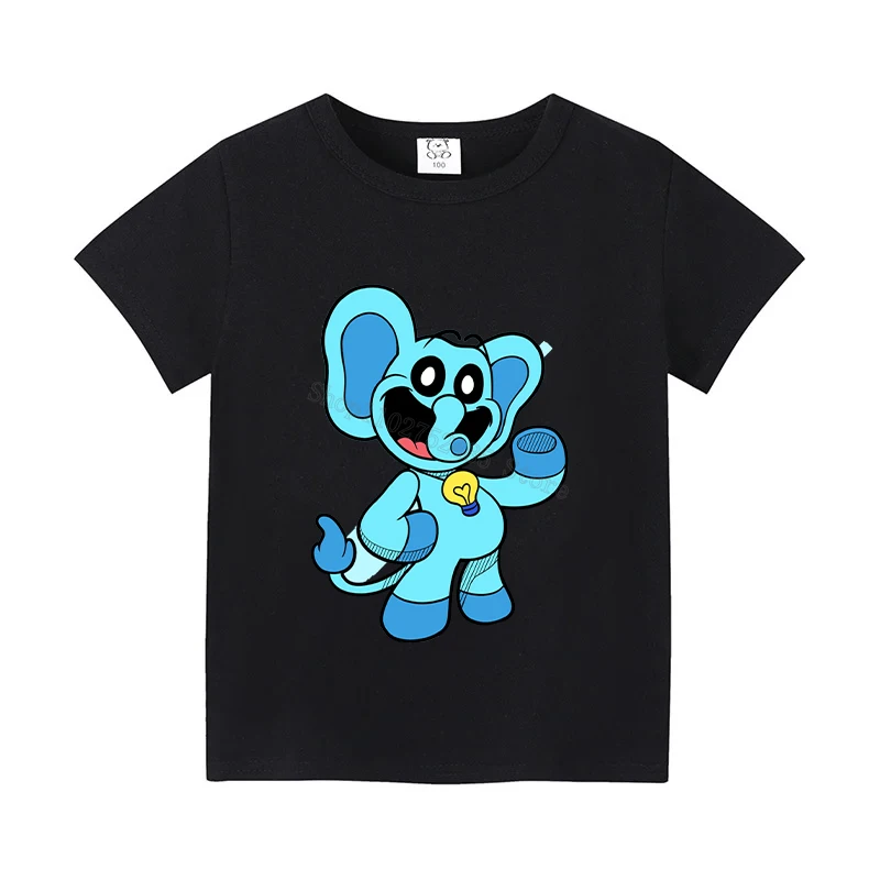 Neue smilings critters kinder schwarze t-shirts cartoon anime catnap bedruckte rundhals oberteile boutique kurze ärmel y2k baumwoll kleidung