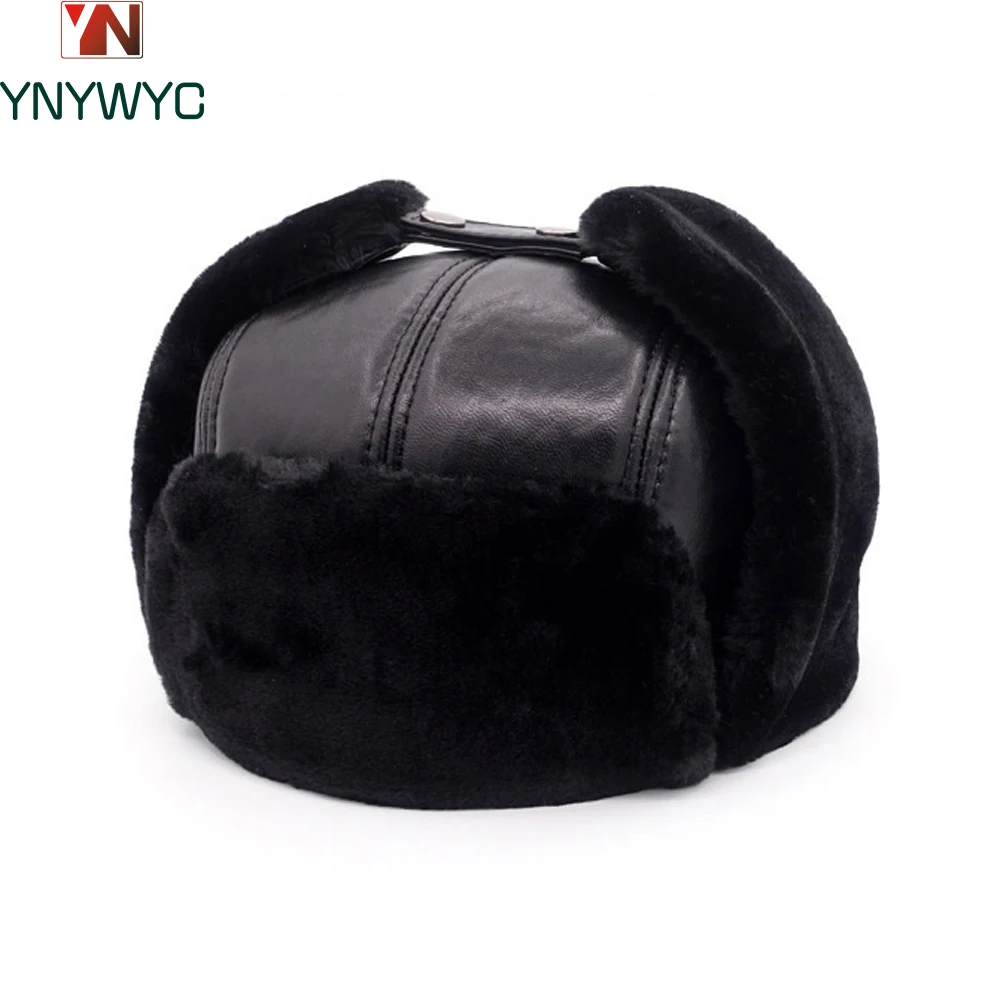 Mens hat Male Casual Winter Warm Sheepskin Leather Cap 100% Natural Real Sheepskin Leather Bomber Hats