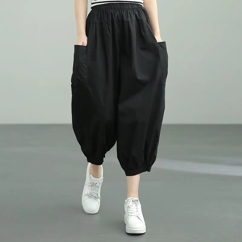 Women Y2K Casual Streetwear Cotton Baggy Harem Pants Summer Vintage Breathable Elastic Waist Loose Cropped Trousers Pantalones