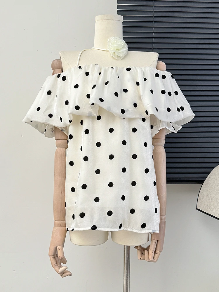 

Женская рубашка с рукавом-пузырьком и завязкой в горошек