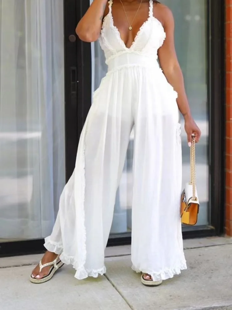 Wmtar 2025 New Women Fashionable Elegant Jumpsuits Sexy Morel Edge Strapless Jumpsuit Sleeveless Solid Color Wide Leg Pant