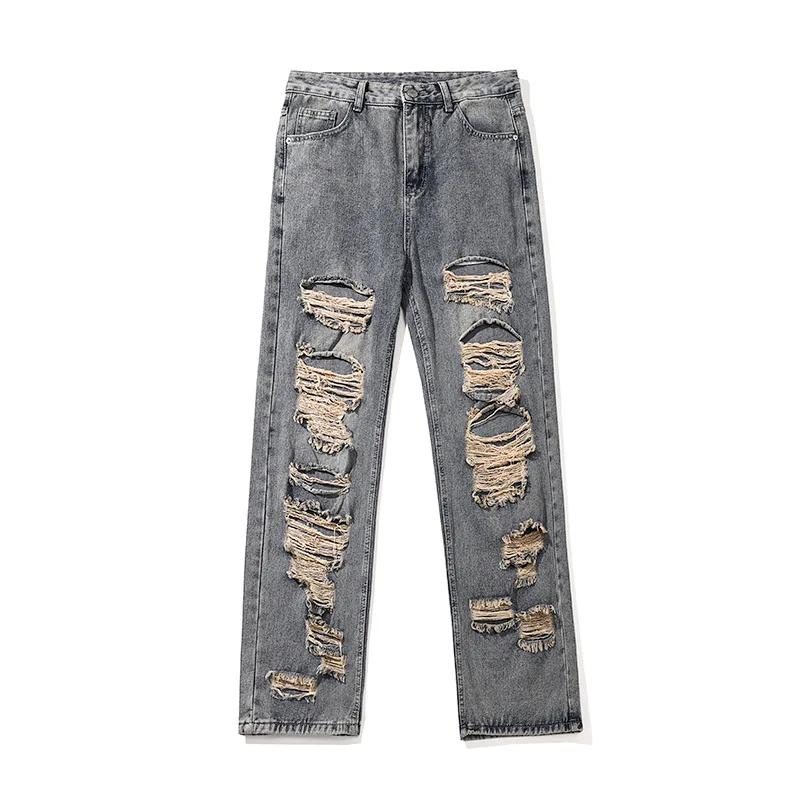 American Men's Vintage Hole Y2K Jeans Cotton Denim Pants Baggy Ripped Jeans Man Straight Trousers Female Gothic Clothes