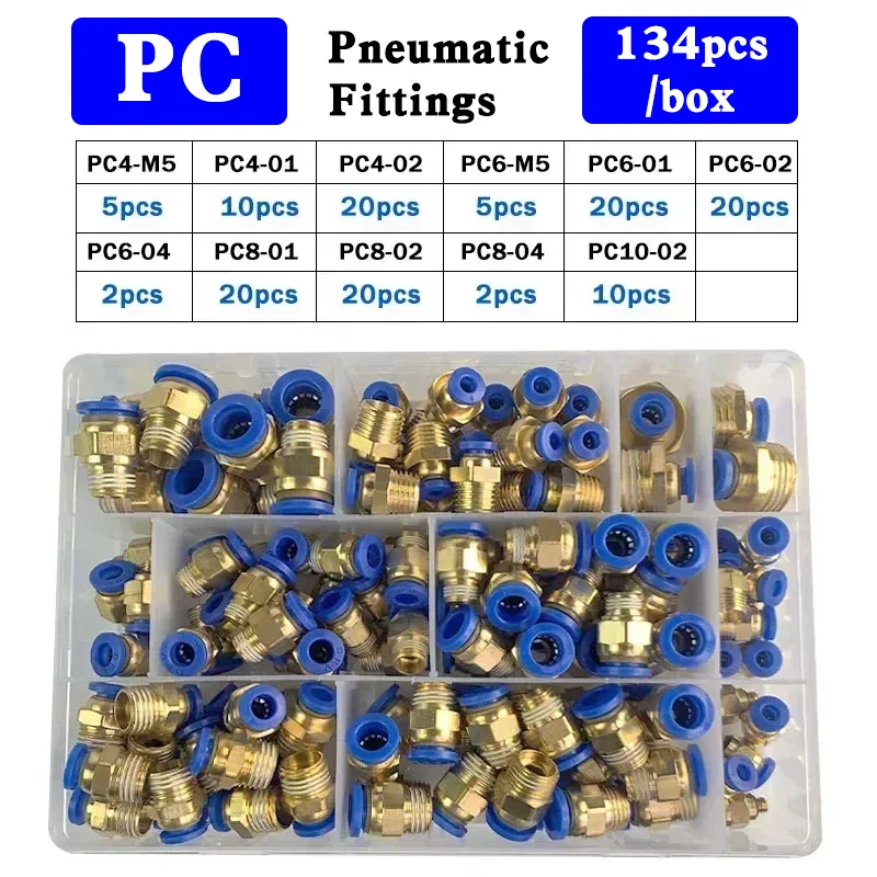134PCS Pneumatic Air Connector Fitting PC 4mm 6mm 8mm 10mm 12mm Thread 1/4" 1/8" 3/8" 1/2" Hose Fittings Pipe Quick Connectors