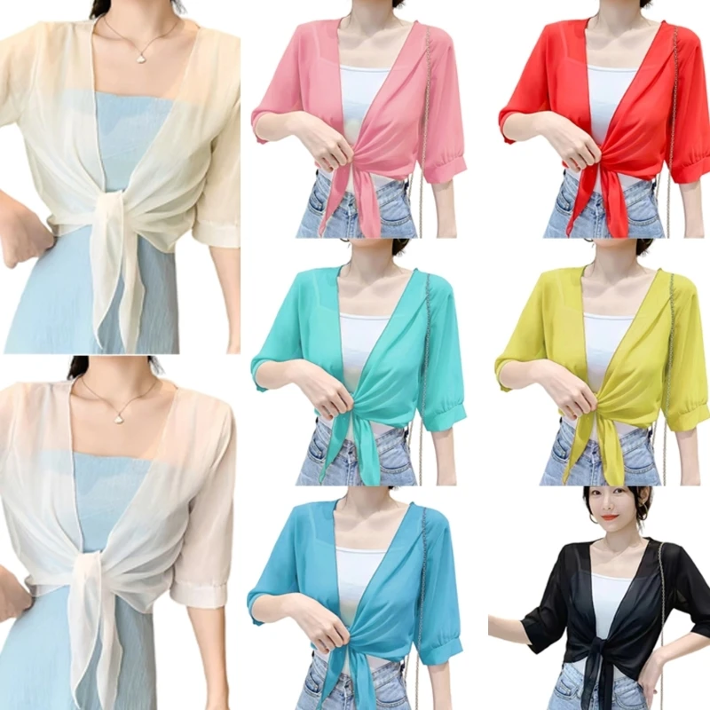 

KIKI Womens Boleros Shrug Soft Chiffons Shawl Wrap Sheer Short Sleeve Open Front Tie Cropped Cardigans for Evening Dress