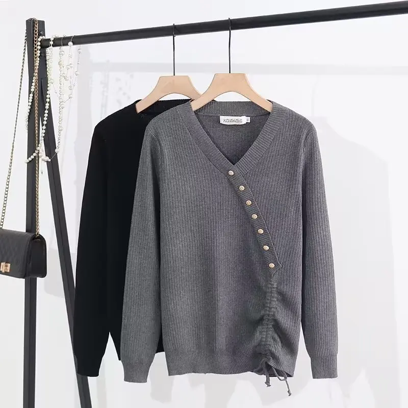 Women's Long Sleeve Knitted Sweater, Loose Button, Drawstring Jumpers, Casual Pullovers, Plus Size, Autumn, Winter, New, 2024