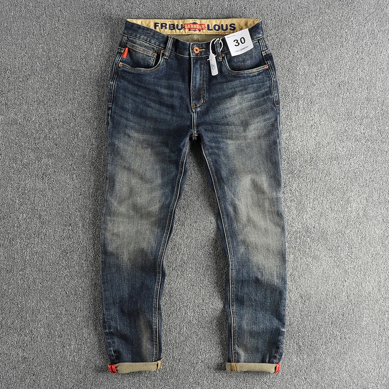 

Джинсы-карго мужские потертые, модные прямые штаны из денима в стиле ретро, с принтом в поясе, модная повседневная одежда в складку, большие размеры
