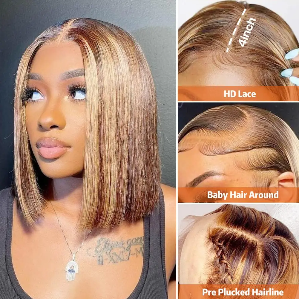 4/27 Highlight Bob Wigs Straight Lace Front Wig Human Hair 613 Honey Blonde Ombre Colored 13x4 Frontal Short Bob Wig Human Hair 4
