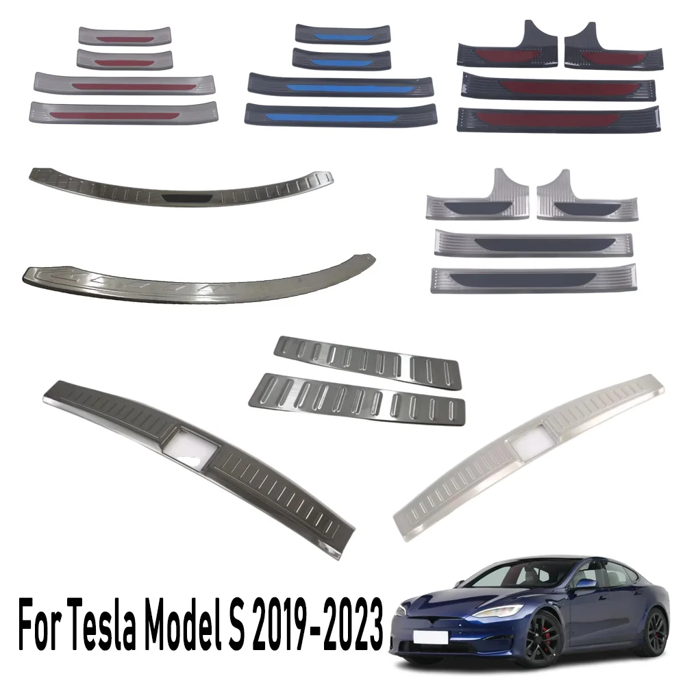 

Door Sill Scuff Plate Cover Rear Bumper Pedal Threshold Stick Strip Trunk Accessories For Tesla Model S 2019 2020 2021 2022-2023