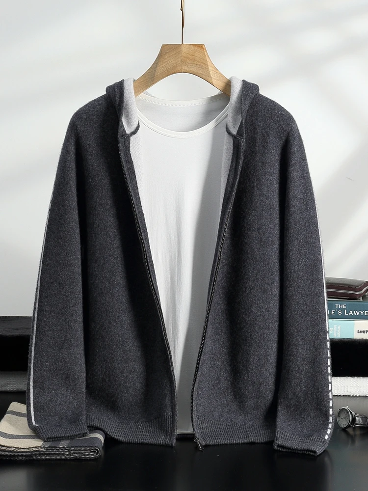 Men's Zipper Jacquard Hooded Cardigan Light Luxury 100% Cashmere Sweater Autumn Winter Casual Coat Knitwear Comfortable Tops 3