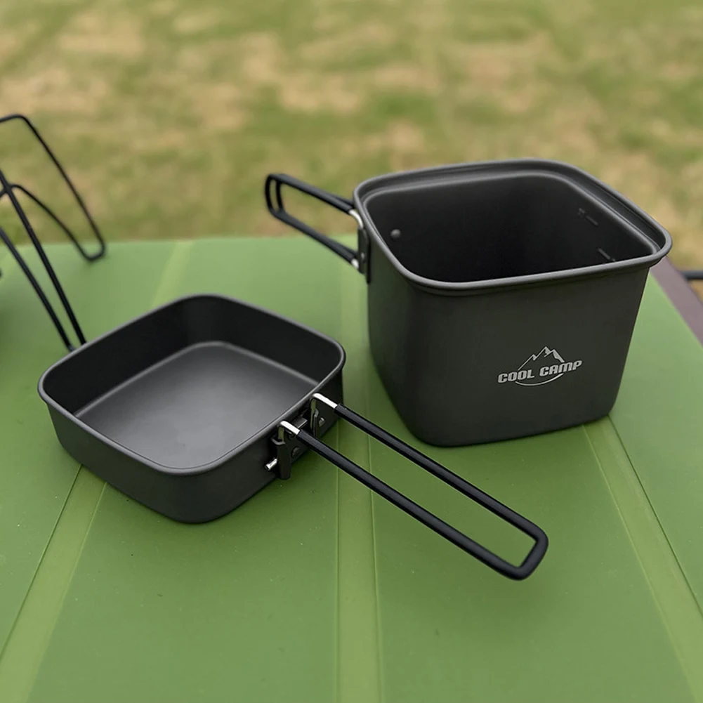 2 In 1 Outdoor Camping Square Pot Aluminum Alloy Folding Frying Pan Cooking Pot Camping Cookware Set for Fishing Hiking Riding