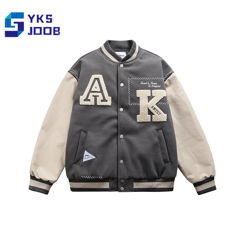 

Vintage Letter Embroidered Baseball Jacket Men Loose Contrast Panel Stand Collar Cotton Coat Casual Unisex Couple Varsity Bomber