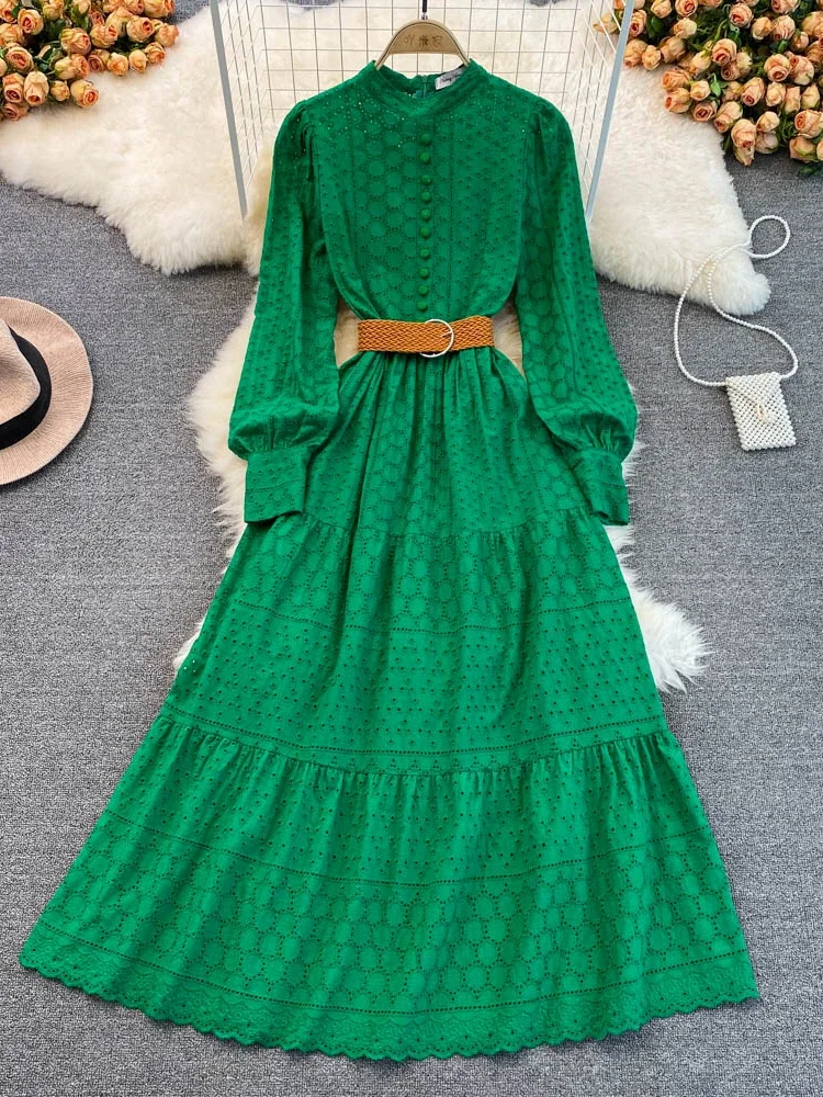 

Vintage Party Dress Women Elegant Long Dresses Spring Autmn Stand Collar Puff Sleeve A-line Holiday Bohemia Beach Dress Vestidos