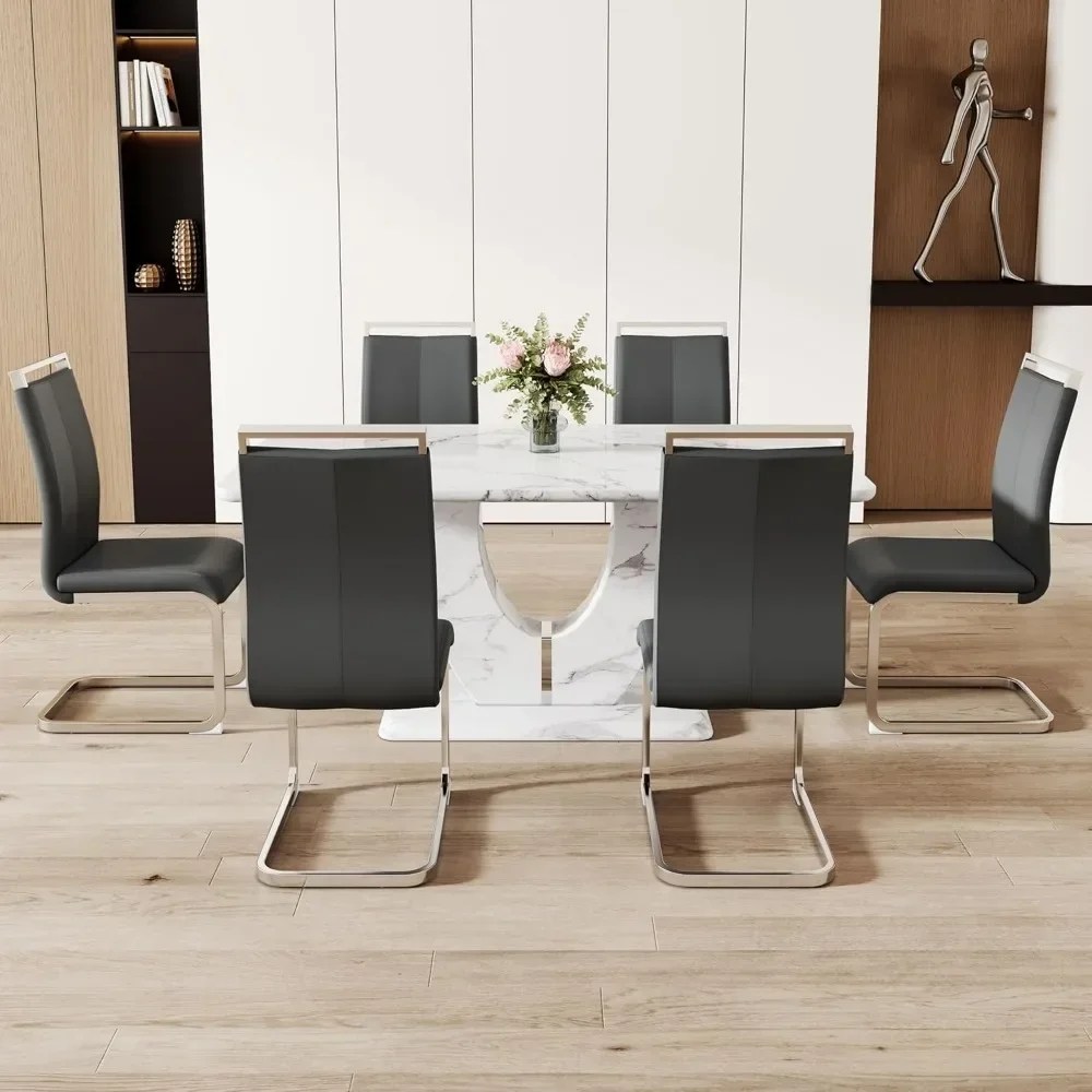 Modern Dining Table Set for 6 Rectangula Kitchen Table Set with Faux Marble Tabletop＆6 Pu Leather Upholstered Chairs