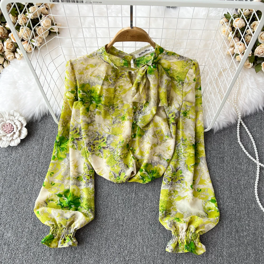 

Autumn New Chiffon Shirt Women's Design Sense Stand Collar Bow Western Style Puff Sleeves Loose Printed Top