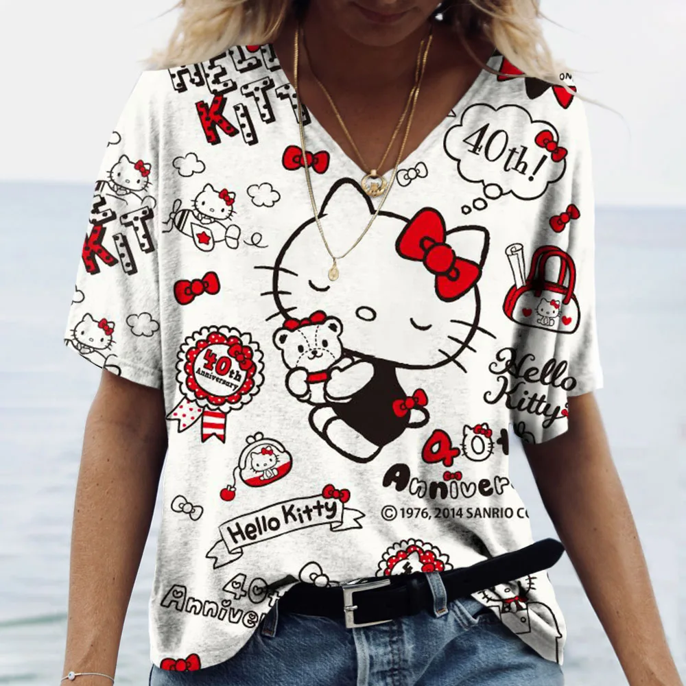 

Женская летняя футболка с рисунком Hello Kitty, модная женская винтажная одежда с V-образным вырезом, свободная большая футболка
