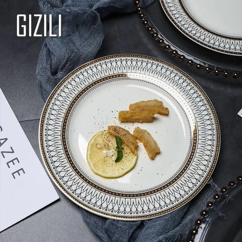 European Ceramic Plate Set Restaurant Light Luxury Dish Dessert Plate Serving Dinner Plates Salad Kitchen Dinnerware