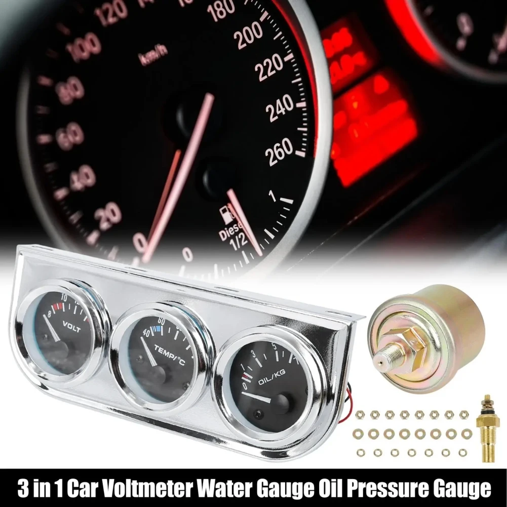 

3 In 1 Car Meter Auto Gauge (DC 8V-16V Voltmeter Water Temp Gauge Bar Oil Press Gauge) 52mm Dashboard Triple Gauge Kit Universal