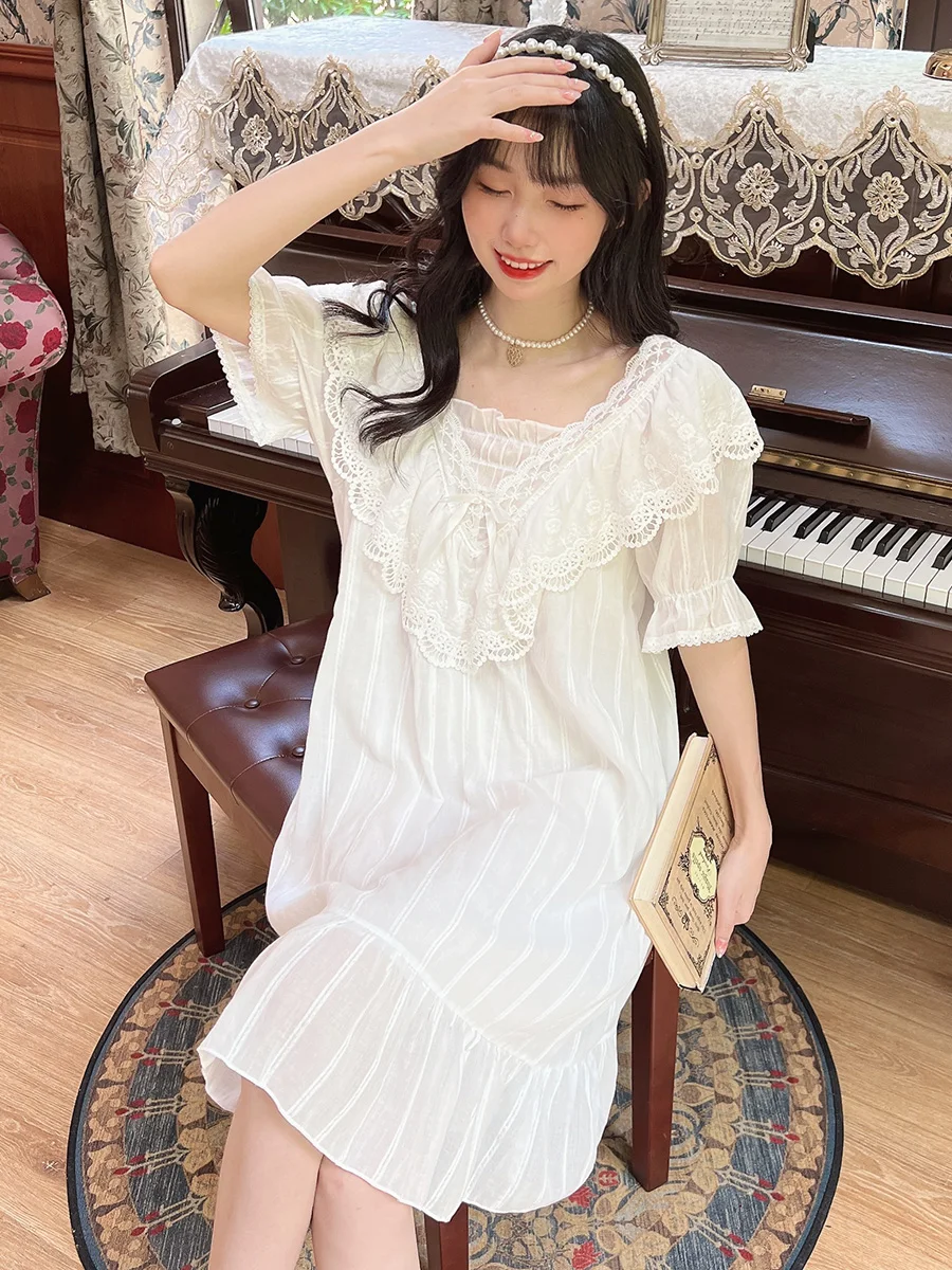 Palace princess style short-sleeved nightdress women's summer thin cotton cotton white pajamas lace edge home service