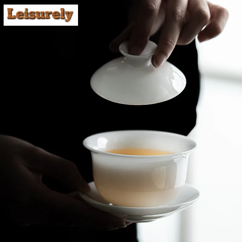 140ml Iced Jade Wihte Porcelain Gaiwan Luxury Brewing Tea Sancai Tea Tureen Household Making Cover Bowl for Ornaments
