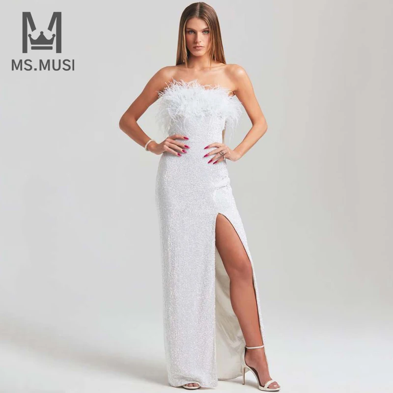 

Новинка 2024, модное женское сексуальное платье без бретелек MSMUSI с перьями и блестками без рукавов с открытой спиной, облегающее платье-макси с разрезом для клуба, платья
