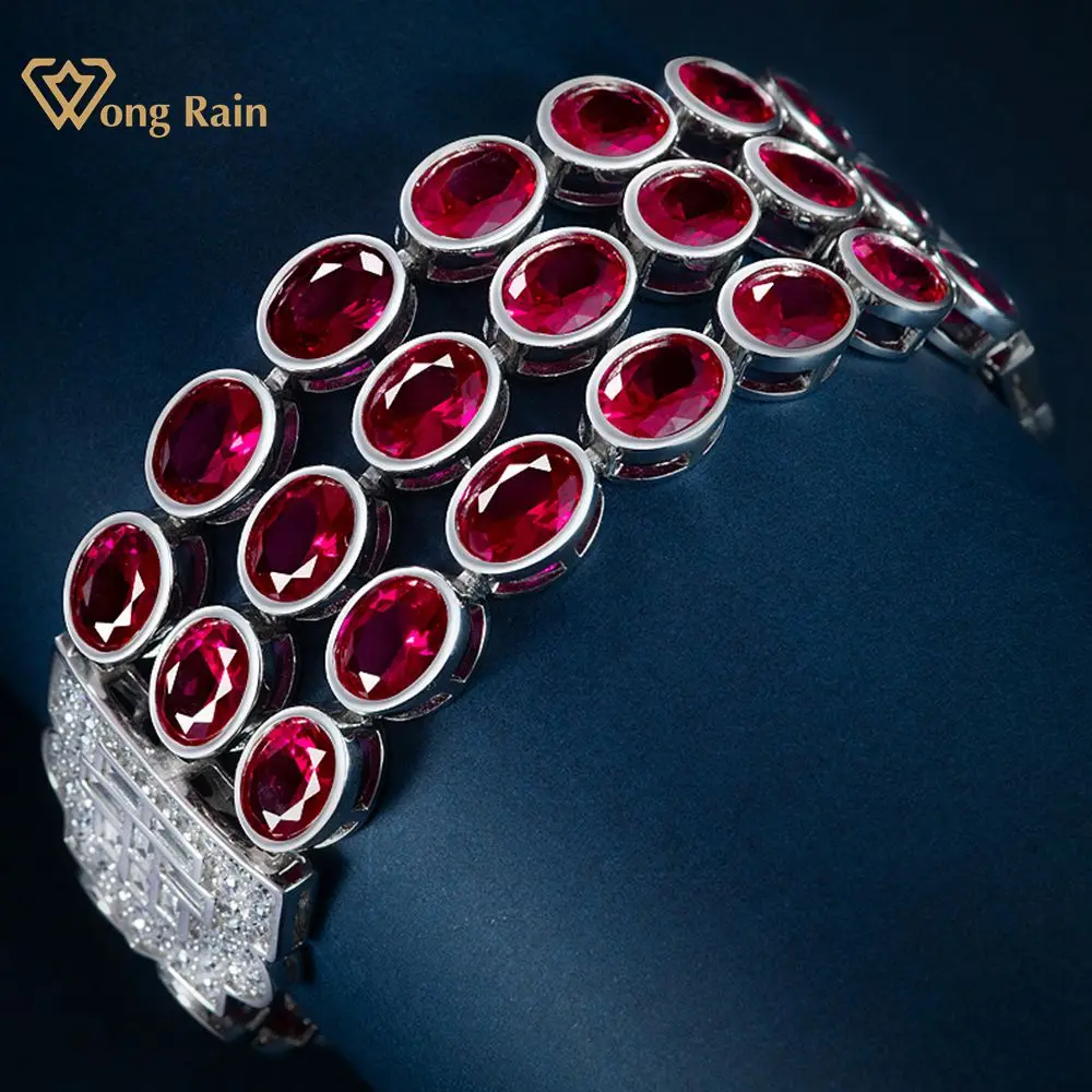 

Wong Rain Luxury 100% 925 Sterling Silver Oval Cut 6*8MM Ruby Gemstone Bracelets Bangles Cocktail Fine Jewelry Anniversary Gift