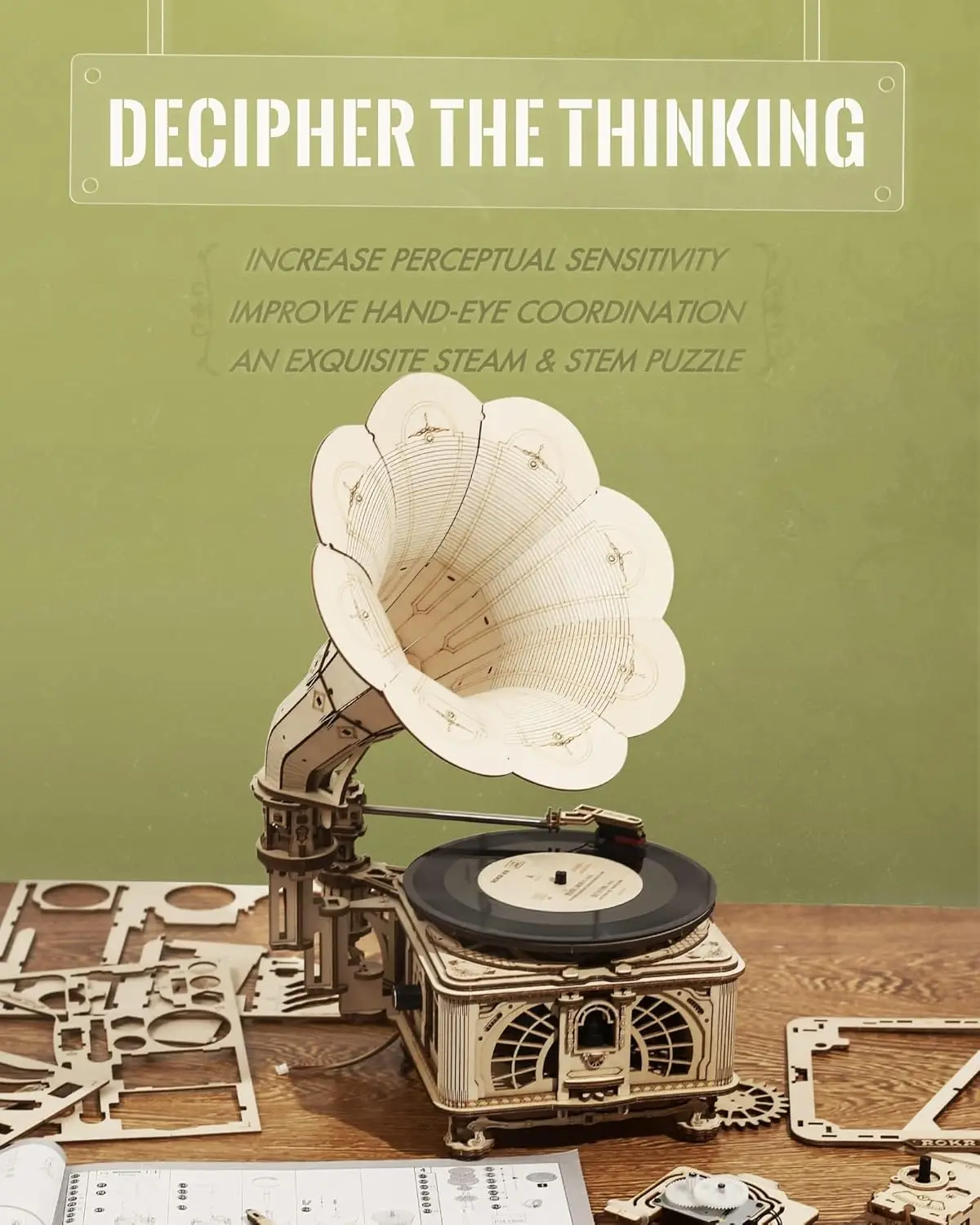 로보타임 3단 속도 조절 가능 축음기 3D 나무 퍼즐 모델 조립 키트 424피스 DIY 목공예 키트 - 남녀공용 방 장식