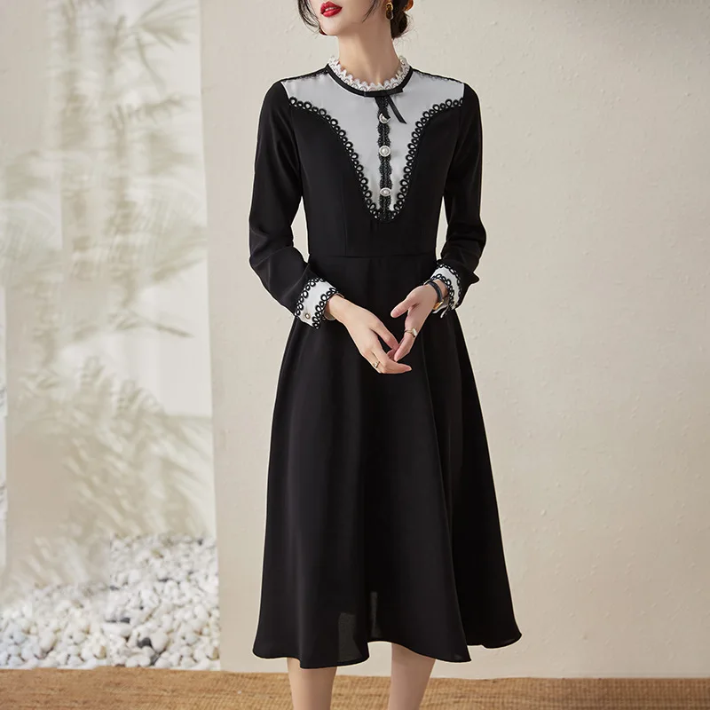 

French Hepburn Style Dress Spring Long Sleeves Ladies Style Lace Spliced Waist Covering Belly Bottom Skirt