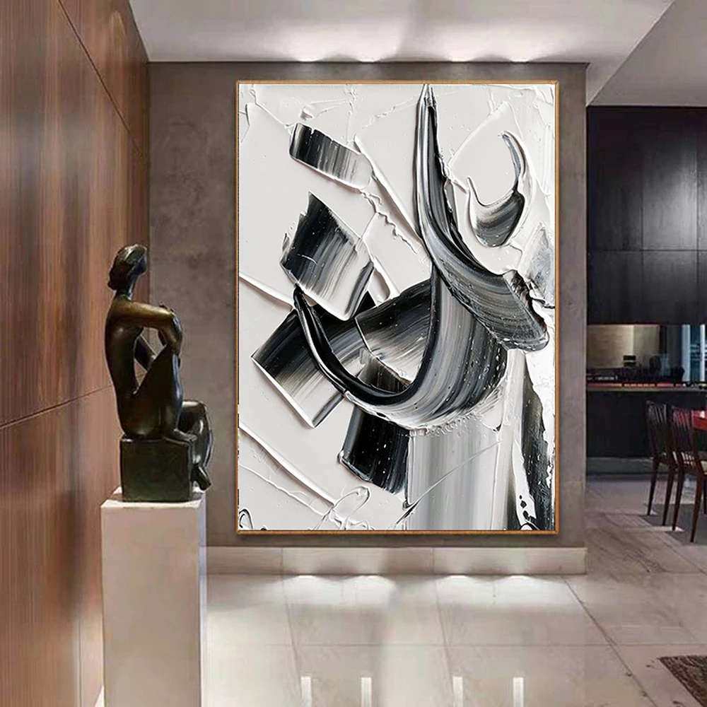 

Hand Painted Oil Painting Palette Knife Abstract Painting Large White Black Textured Painting Minimalist Wall Art Living Room